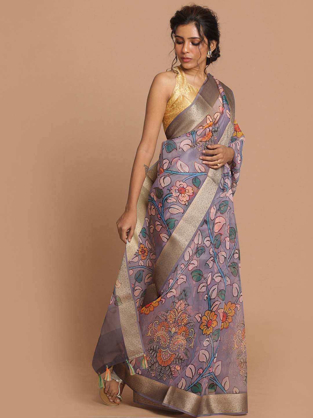 Indethnic Banarasi Steel Grey Printed Party Wear Saree - View 2