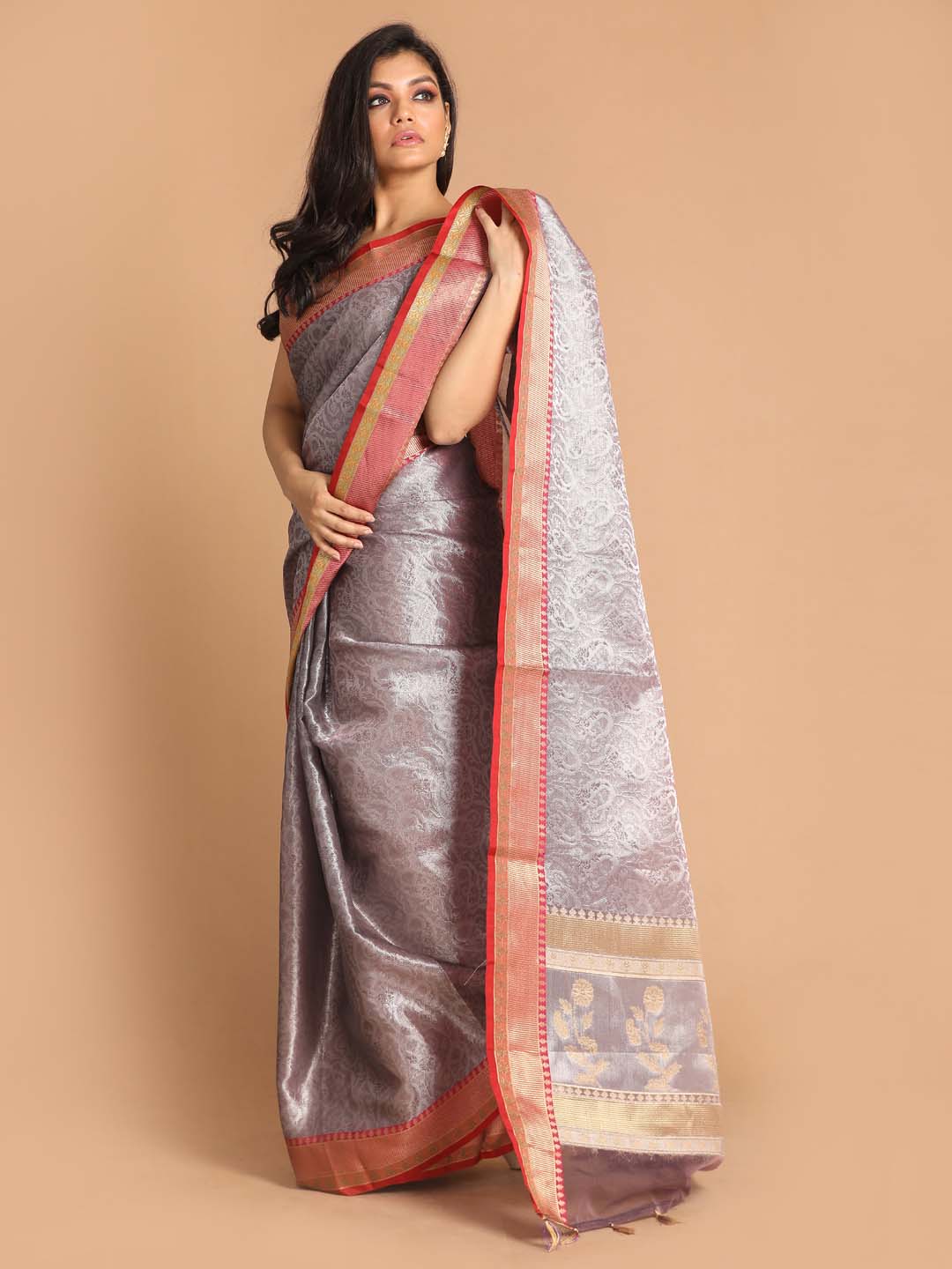 Indethnic Banarasi Grey Woven Design Party Wear Saree - View 2