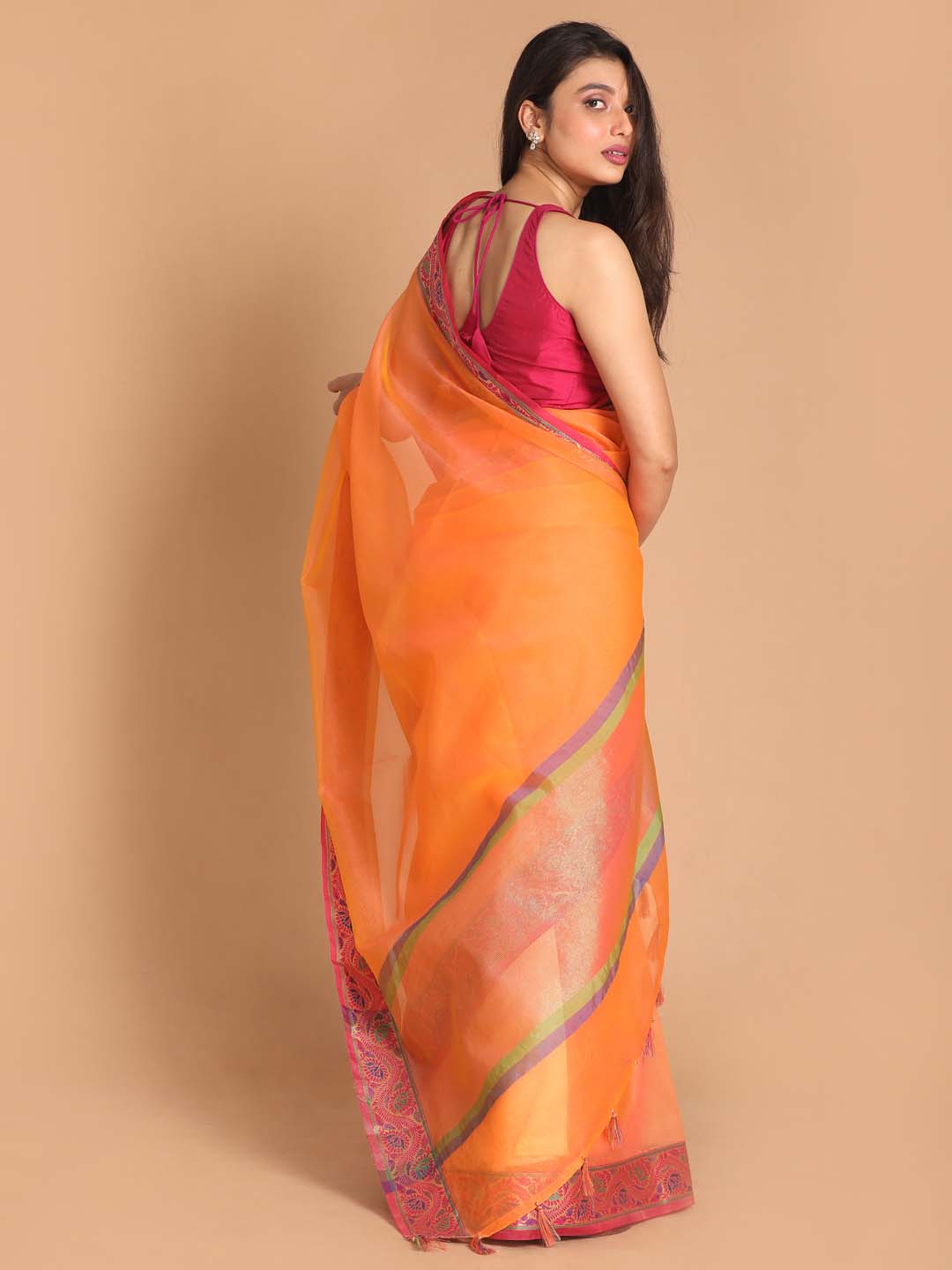 Indethnic Banarasi Orange Solid Party Wear Saree - View 3