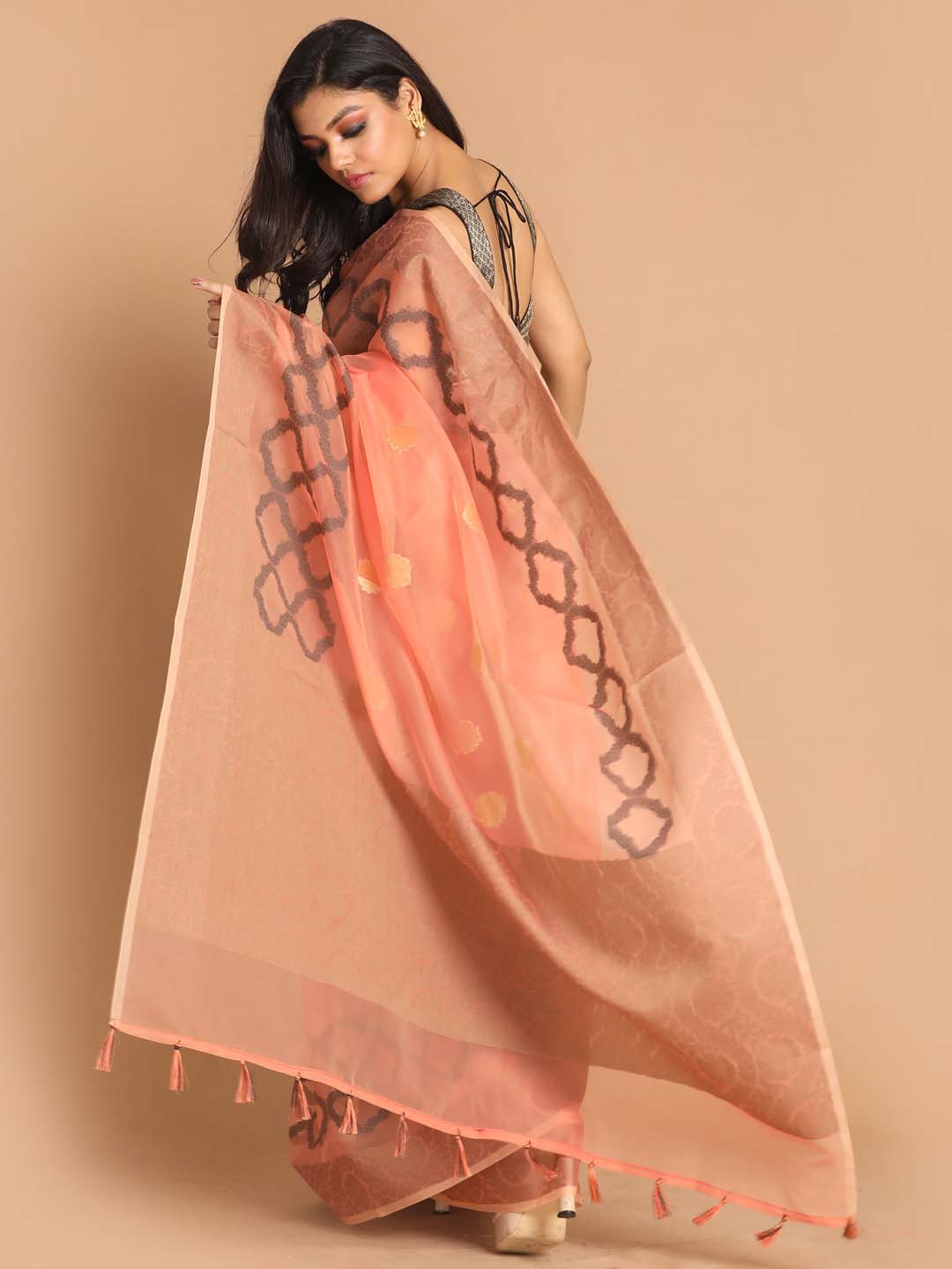 Indethnic Banarasi Peach Woven Design Party Wear Saree - View 3