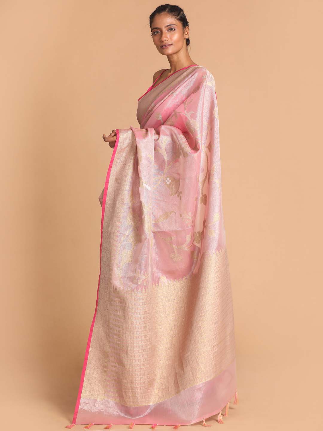 Indethnic Banarasi Pink Woven Design Party Wear Saree - View 2