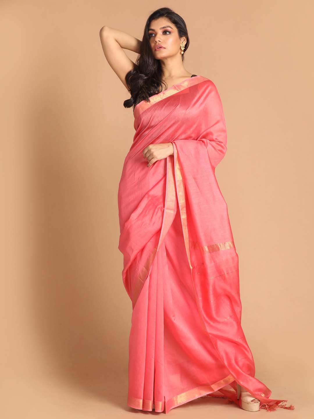 Indethnic Banarasi Coral Solid Work Wear Saree - View 1