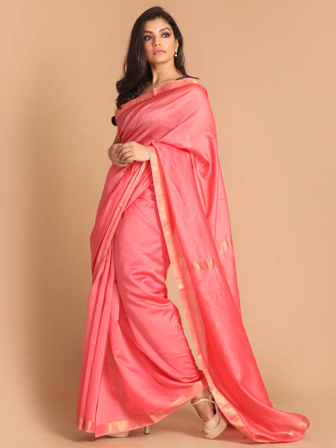 Indethnic Banarasi Coral Solid Work Wear Saree - View 2