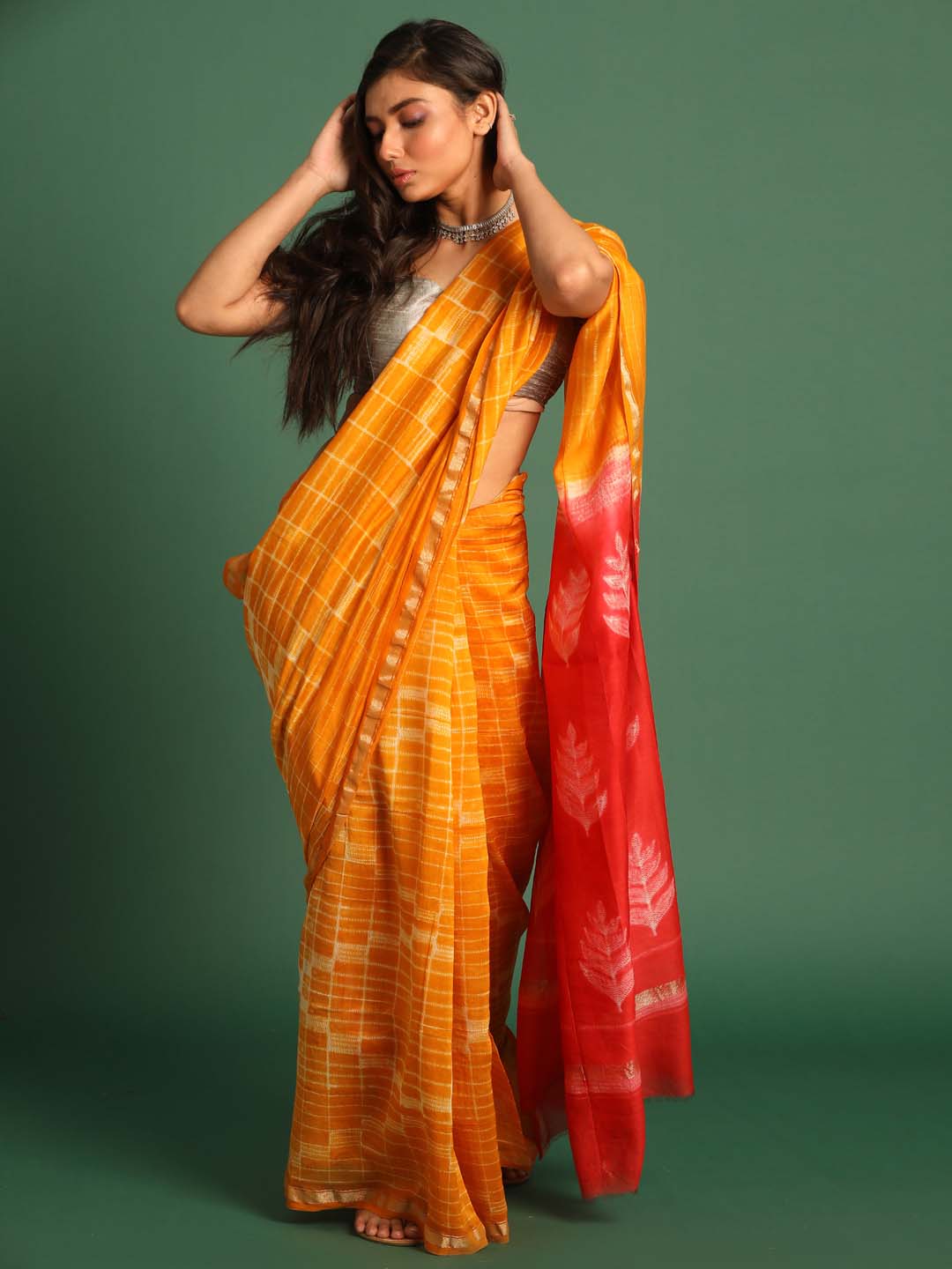 Indethnic Shibori Silk Cotton Saree in Yellow - View 1