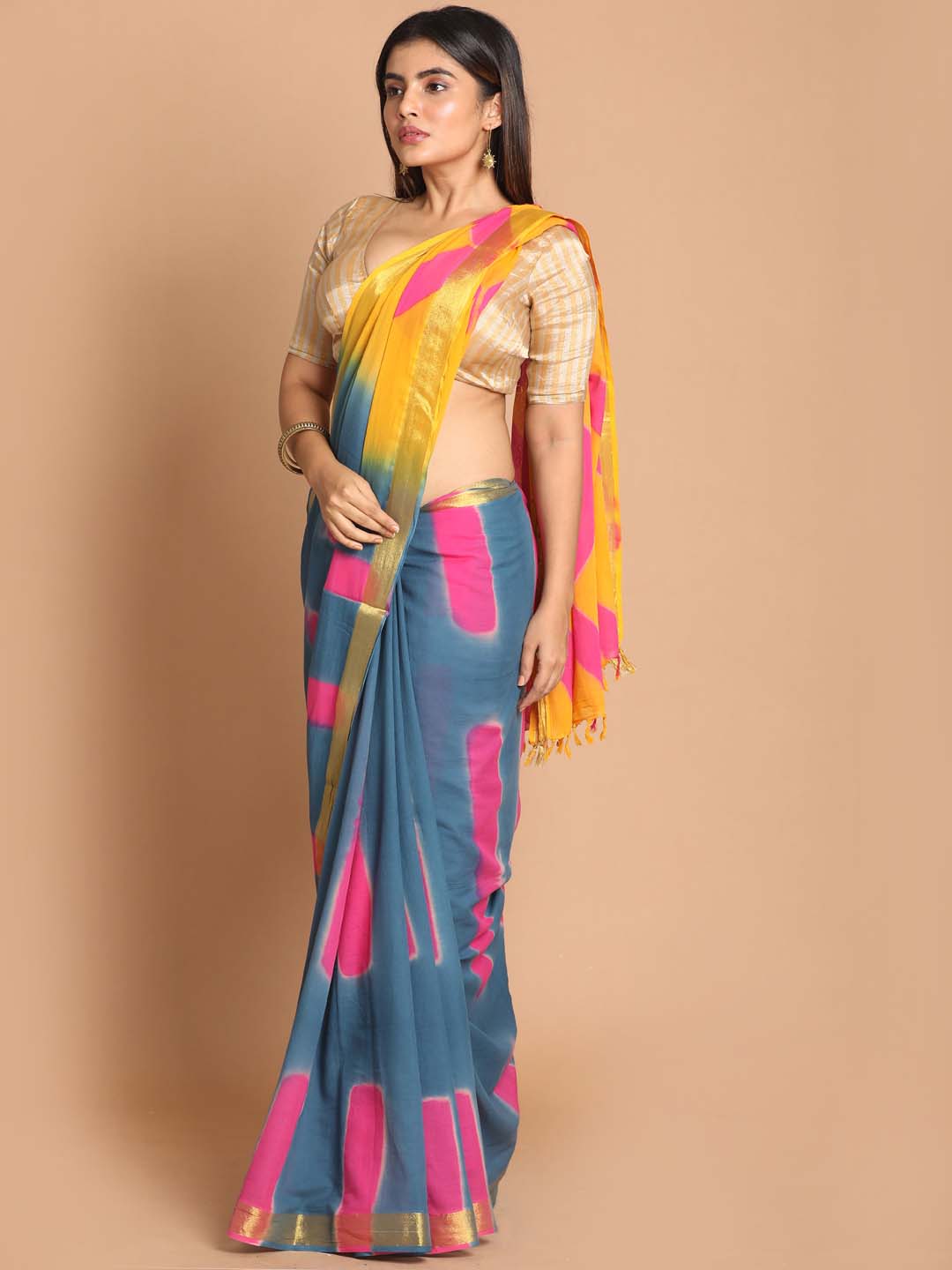 Indethnic Printed Pure Cotton Saree in Multi - View 2