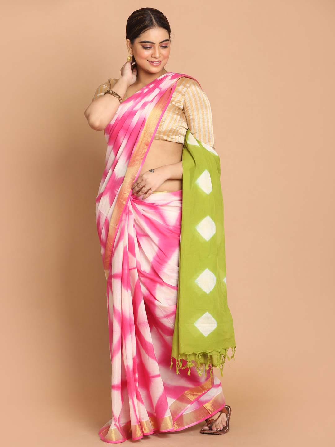 Indethnic Printed Pure Cotton Saree in Multi - View 1