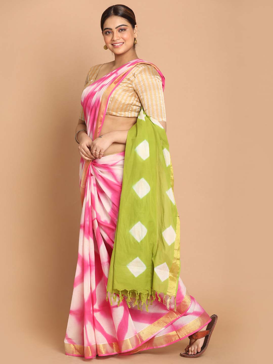 Indethnic Printed Pure Cotton Saree in Multi - View 2