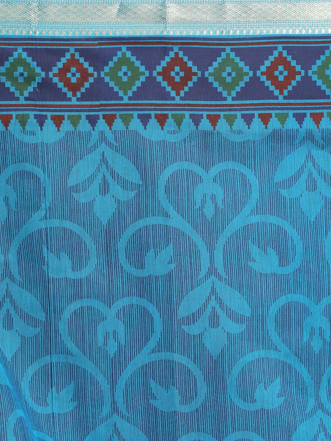 Indethnic Printed Cotton Blend Saree in Blue - Saree Detail View
