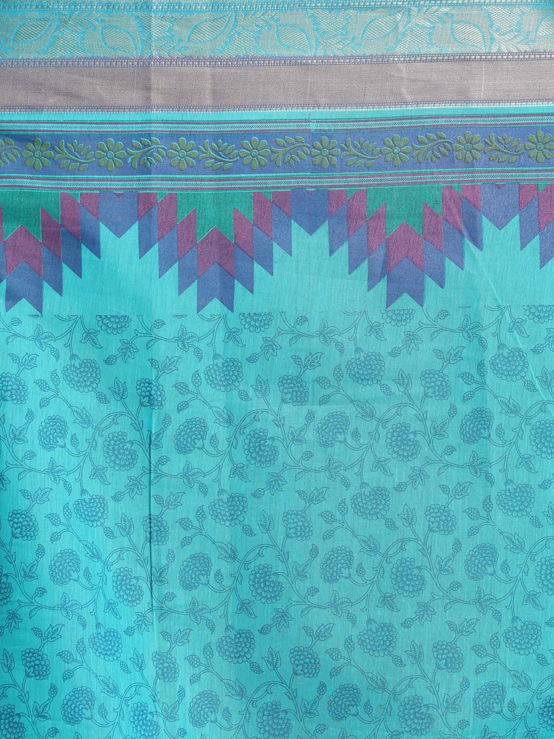 Indethnic Printed Cotton Blend Saree in Blue - Saree Detail View