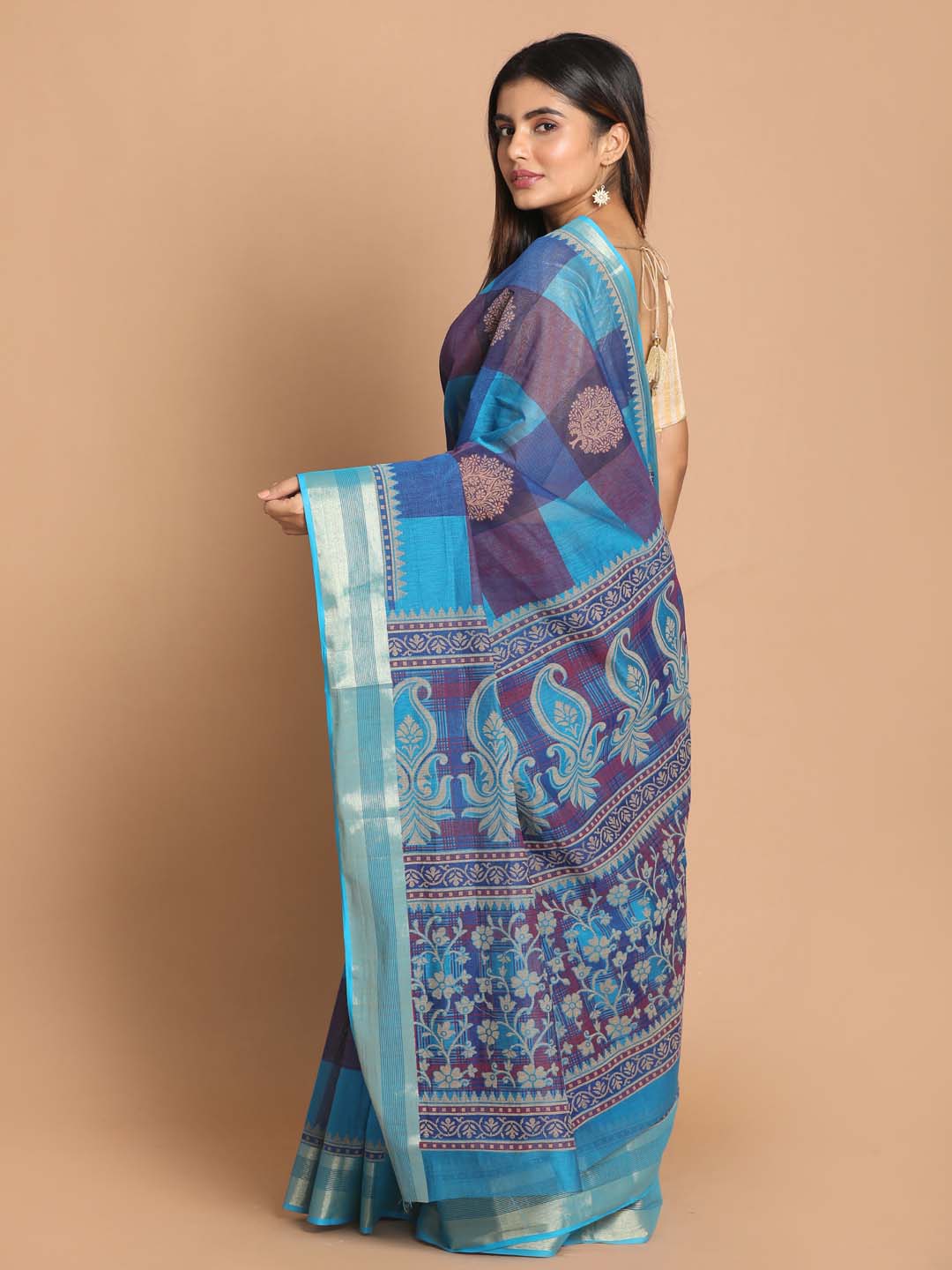 Indethnic Printed Cotton Blend Saree in Blue - View 3
