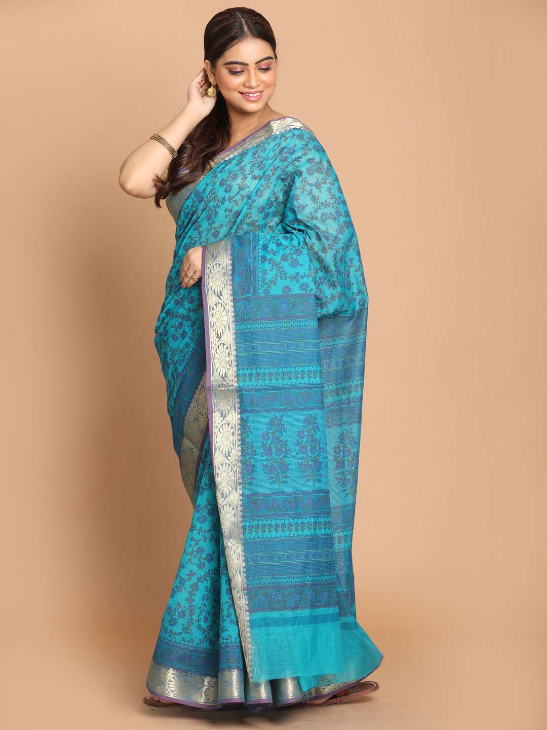 Indethnic Printed Cotton Blend Saree in Blue - View 2