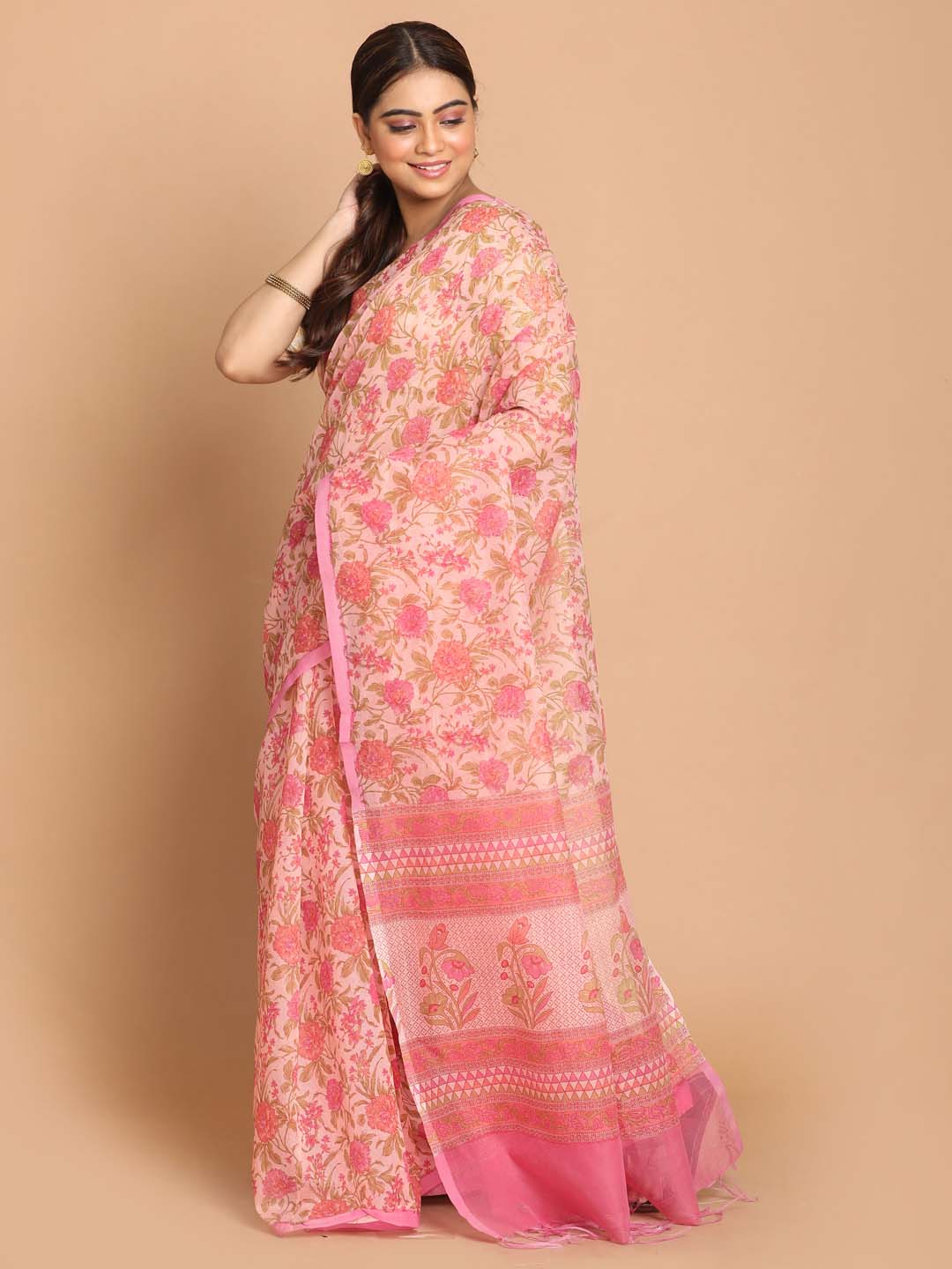 Indethnic Printed Cotton Blend Saree in Coral - View 2