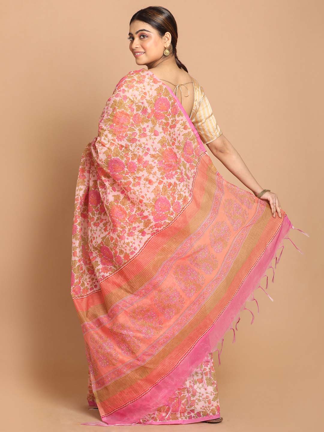 Indethnic Printed Cotton Blend Saree in Coral - View 3