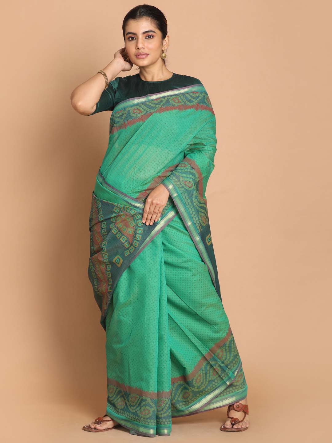 Indethnic Printed Cotton Blend Saree in Green - View 1