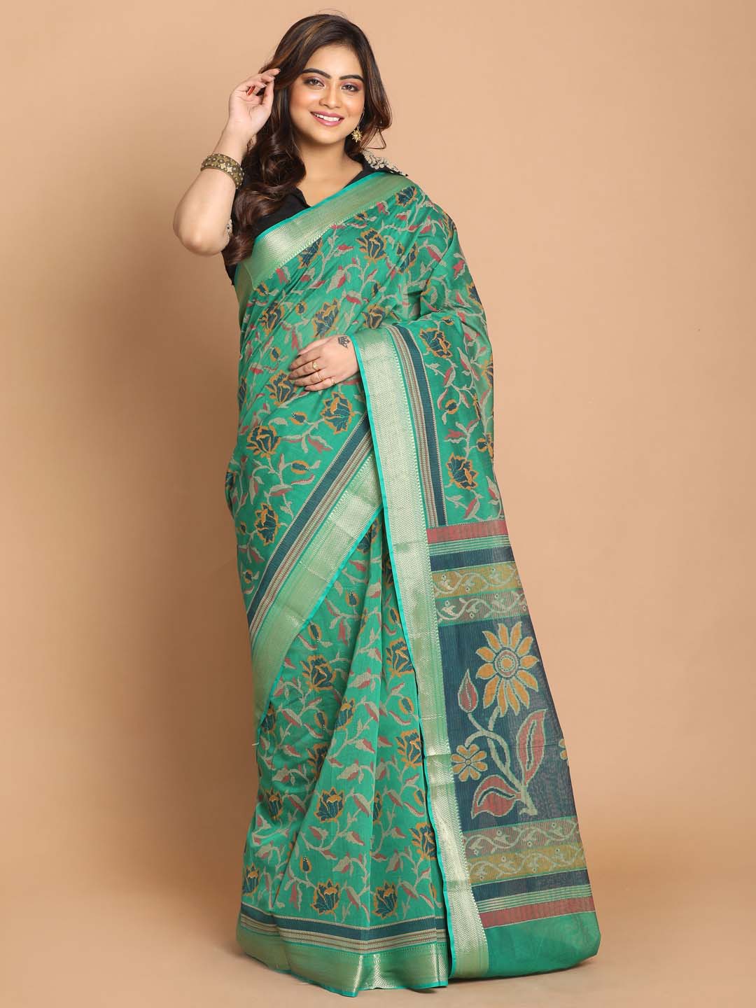 Indethnic Printed Cotton Blend Saree in Green - View 1
