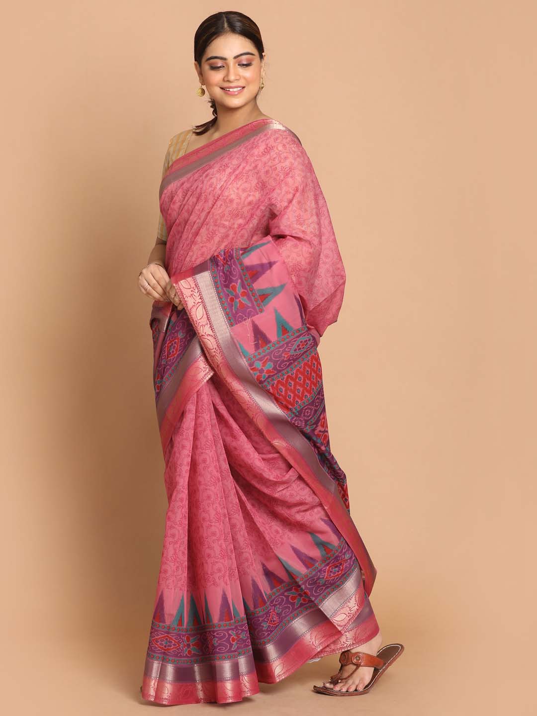 Indethnic Printed Cotton Blend Saree in Magenta - View 2