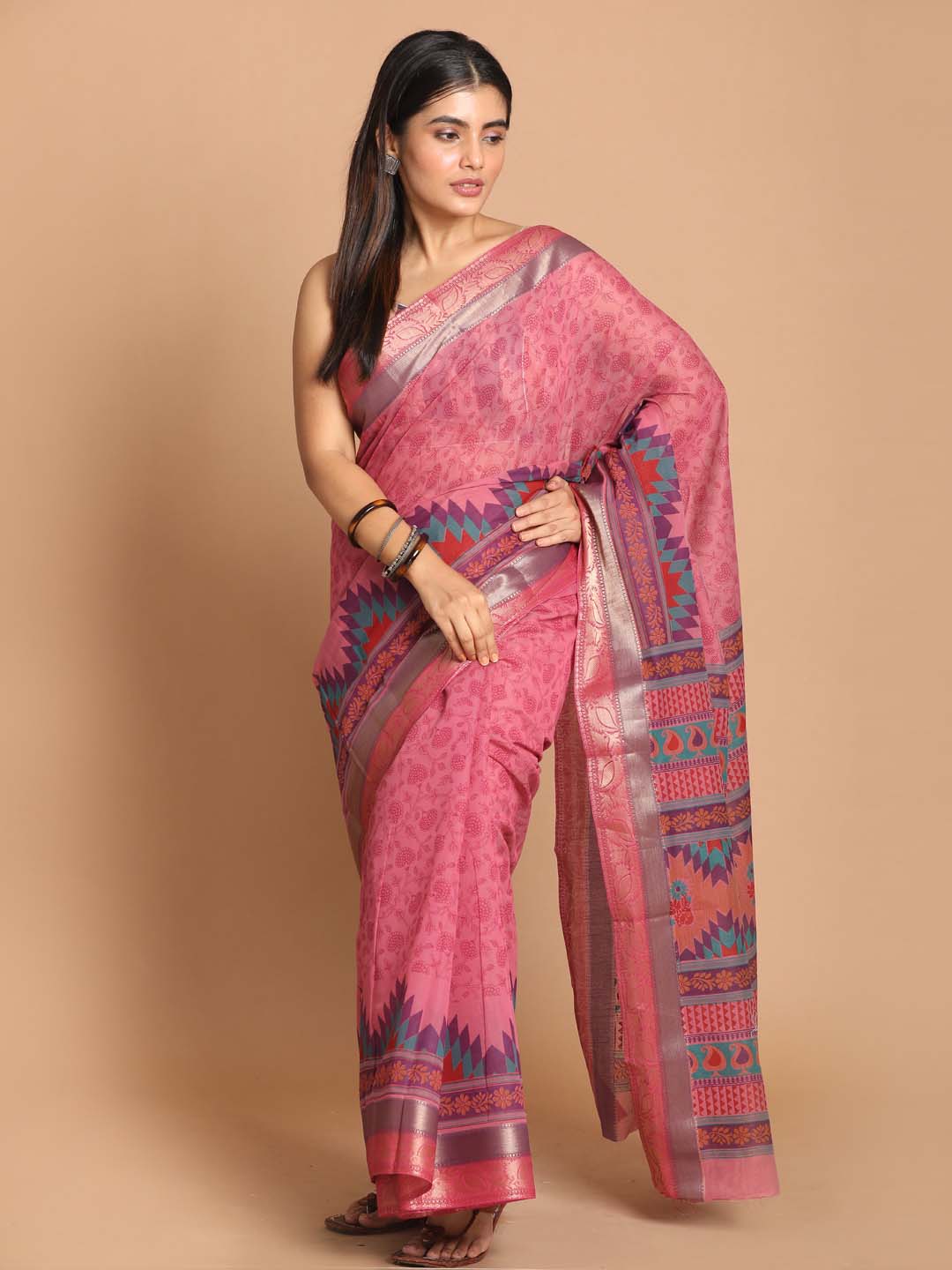 Indethnic Printed Cotton Blend Saree in Magenta - View 1