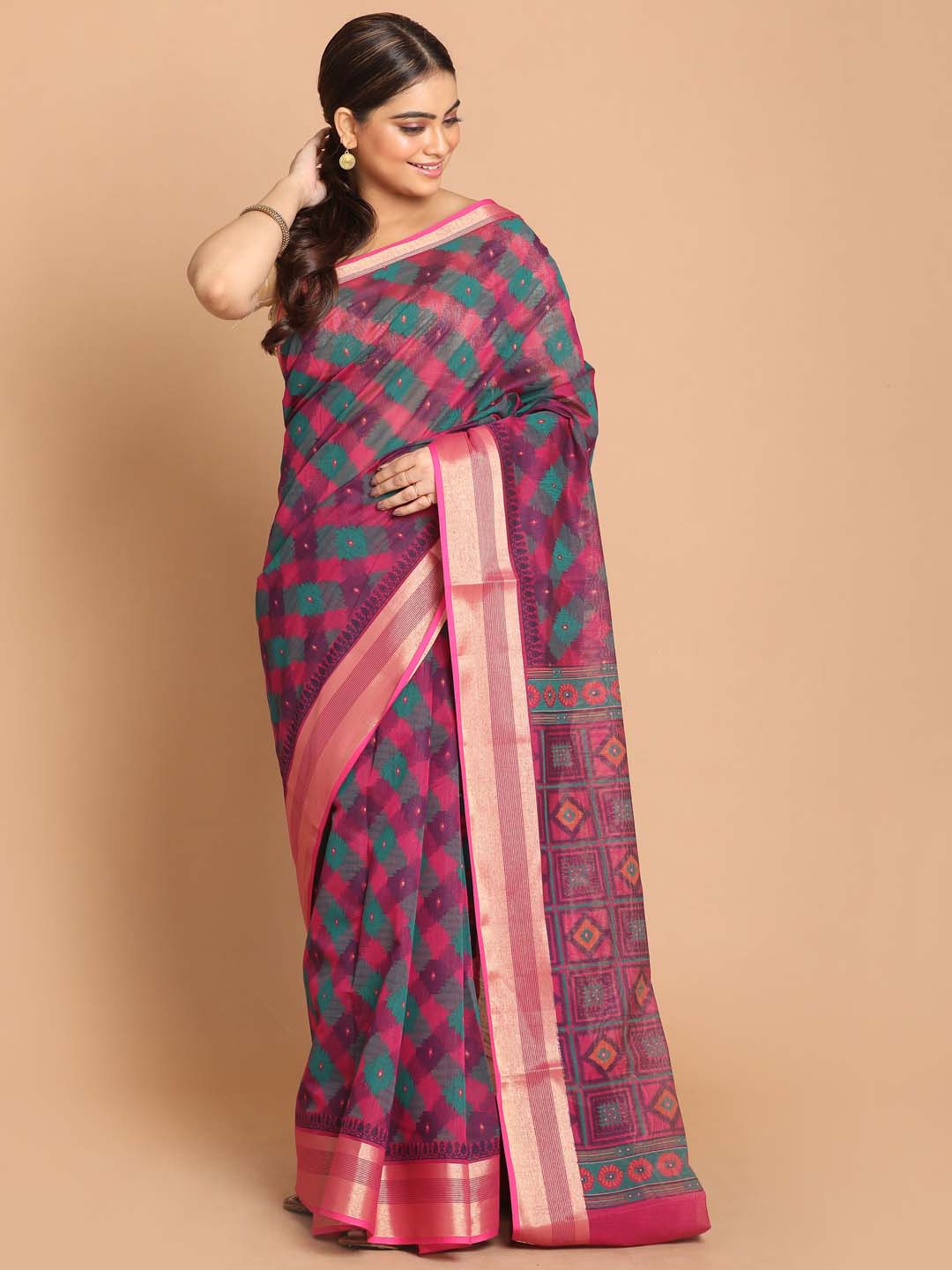 Indethnic Printed Cotton Blend Saree in Magenta - View 1