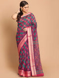 Indethnic Printed Cotton Blend Saree in Magenta - View 1