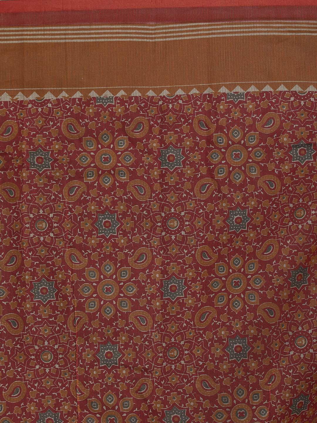 Indethnic Printed Cotton Blend Saree in Maroon - Saree Detail View