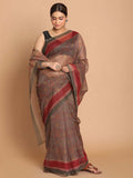 Indethnic Printed Cotton Blend Saree in Olive - View 1