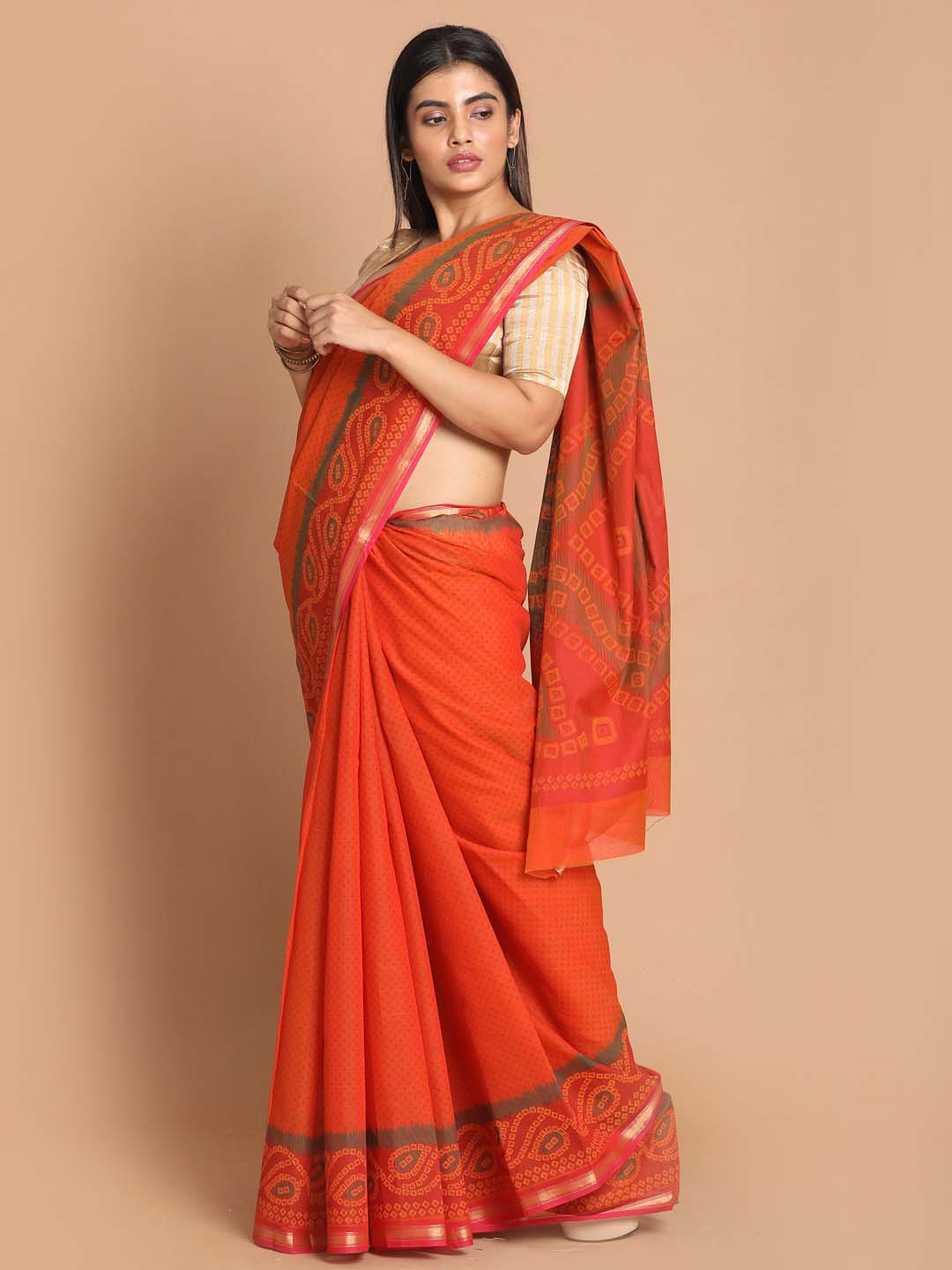 Indethnic Printed Cotton Blend Saree in Rust - View 2