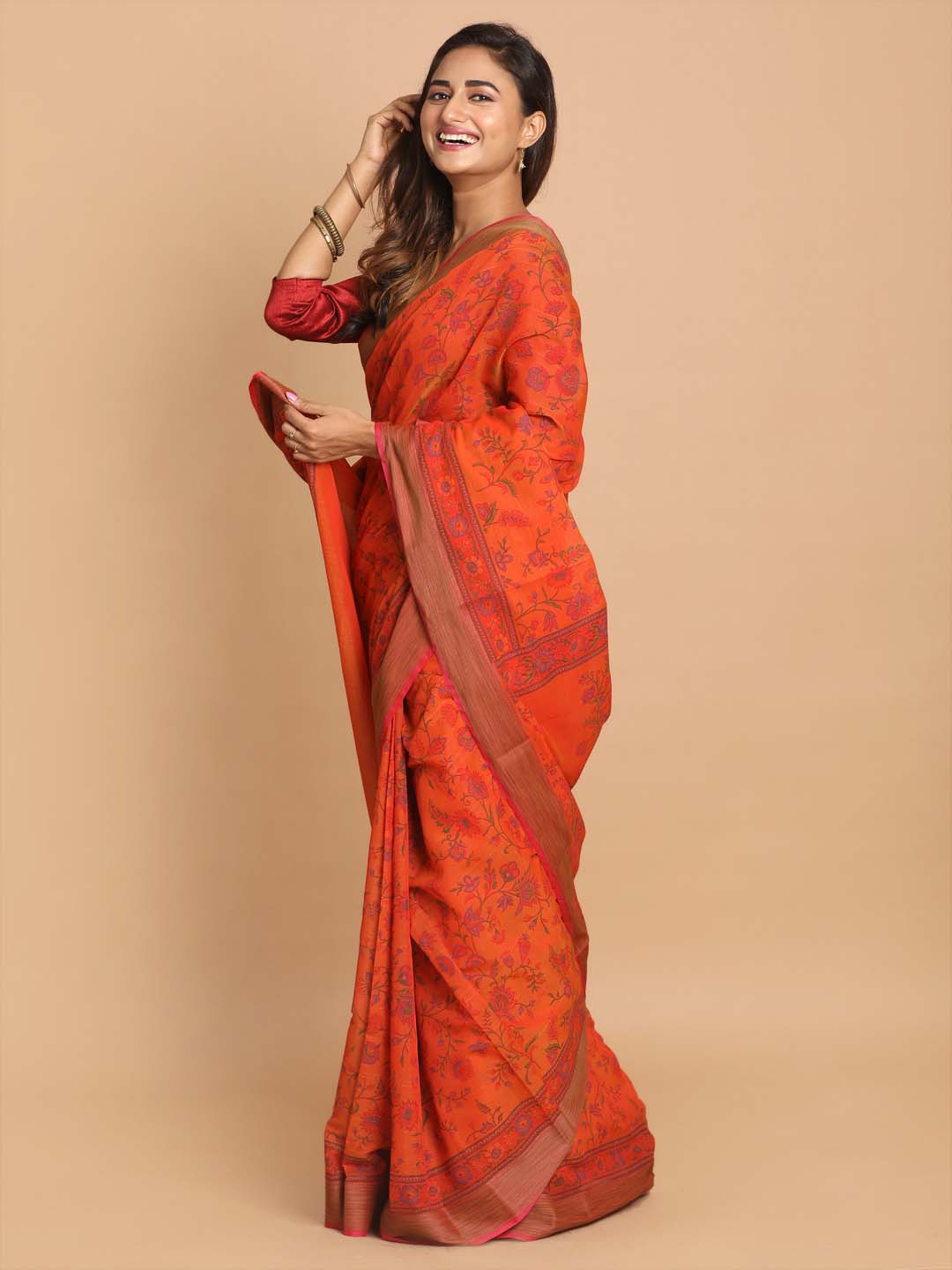 Indethnic Printed Cotton Blend Saree in Rust - View 2