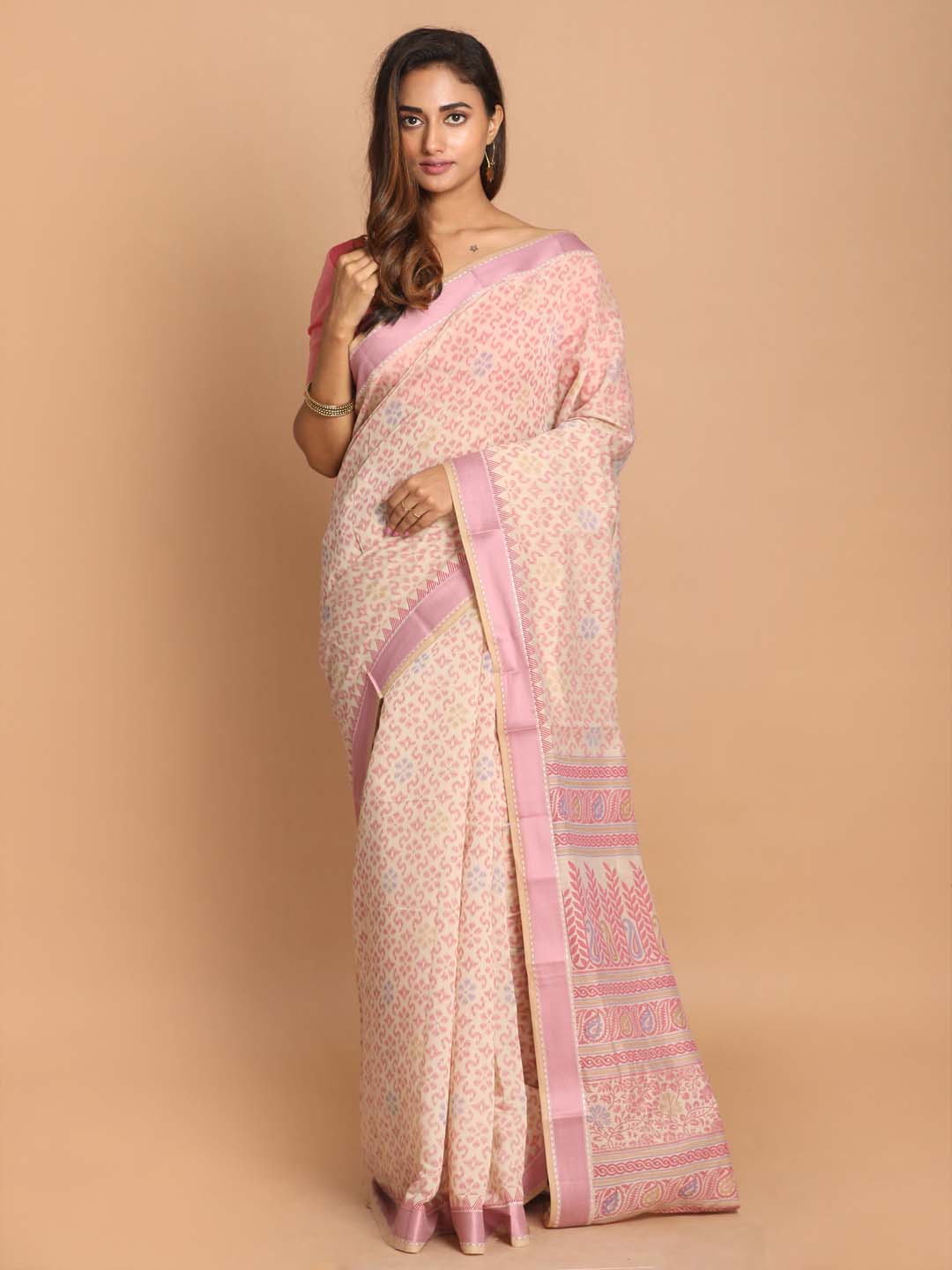 Indethnic Printed Cotton Blend Saree in Pink - View 1