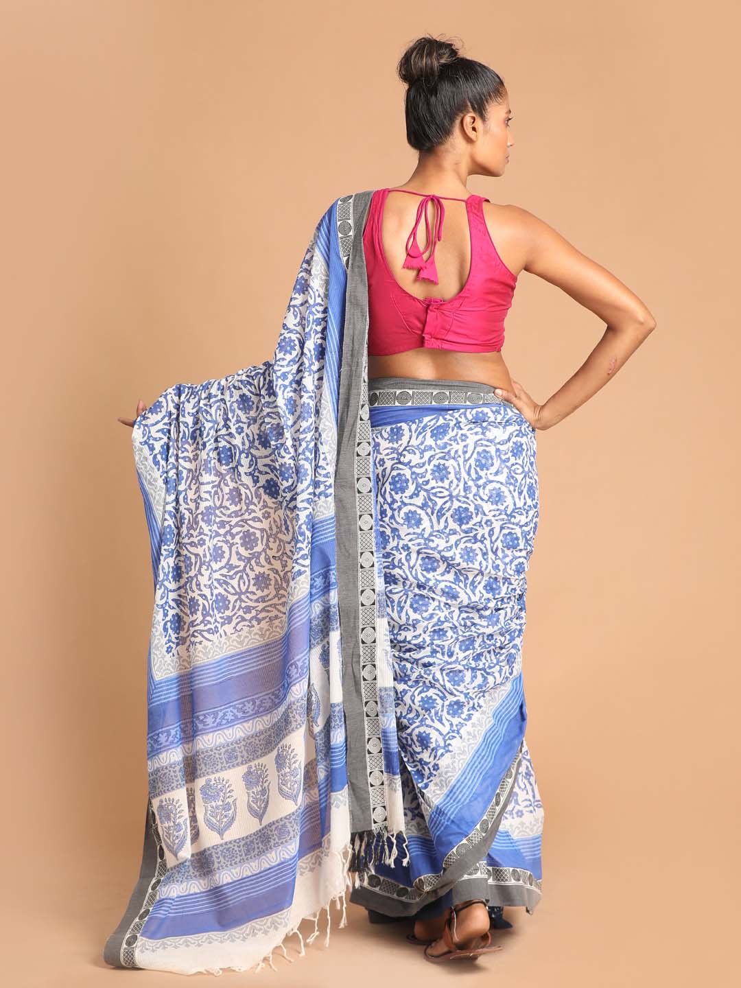 Indethnic Printed Pure Cotton Saree in Blue - View 3