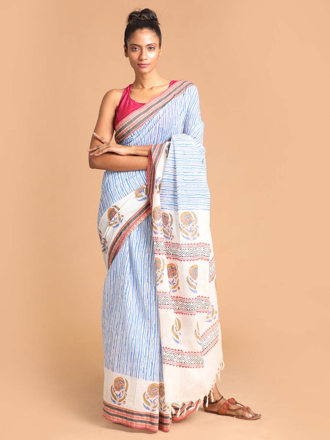 Indethnic Printed Pure Cotton Saree in Blue - View 1