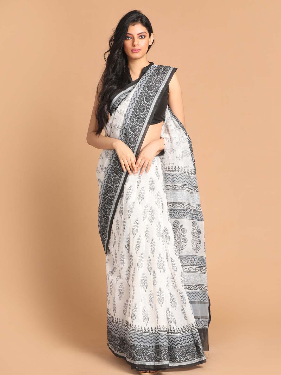 Indethnic Printed Super Net Saree in Black - View 1