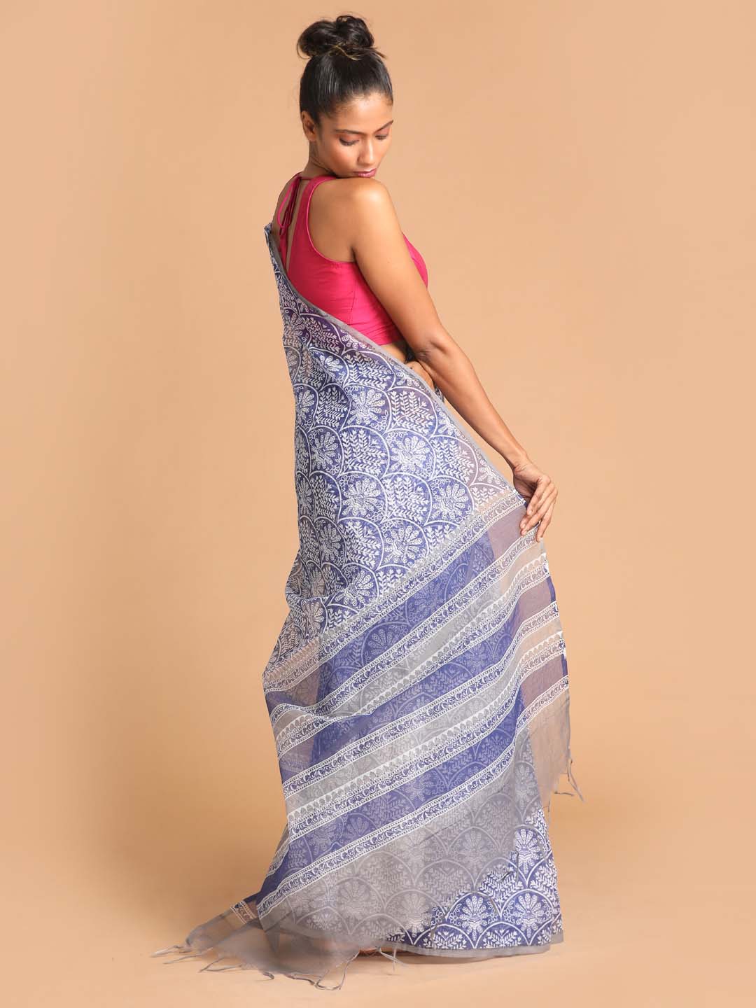 Indethnic Printed Super Net Saree in Blue - View 2