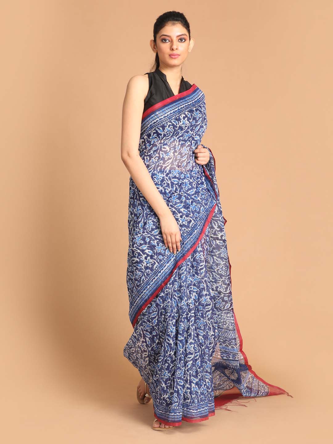 Indethnic Printed Super Net Saree in Blue - View 1
