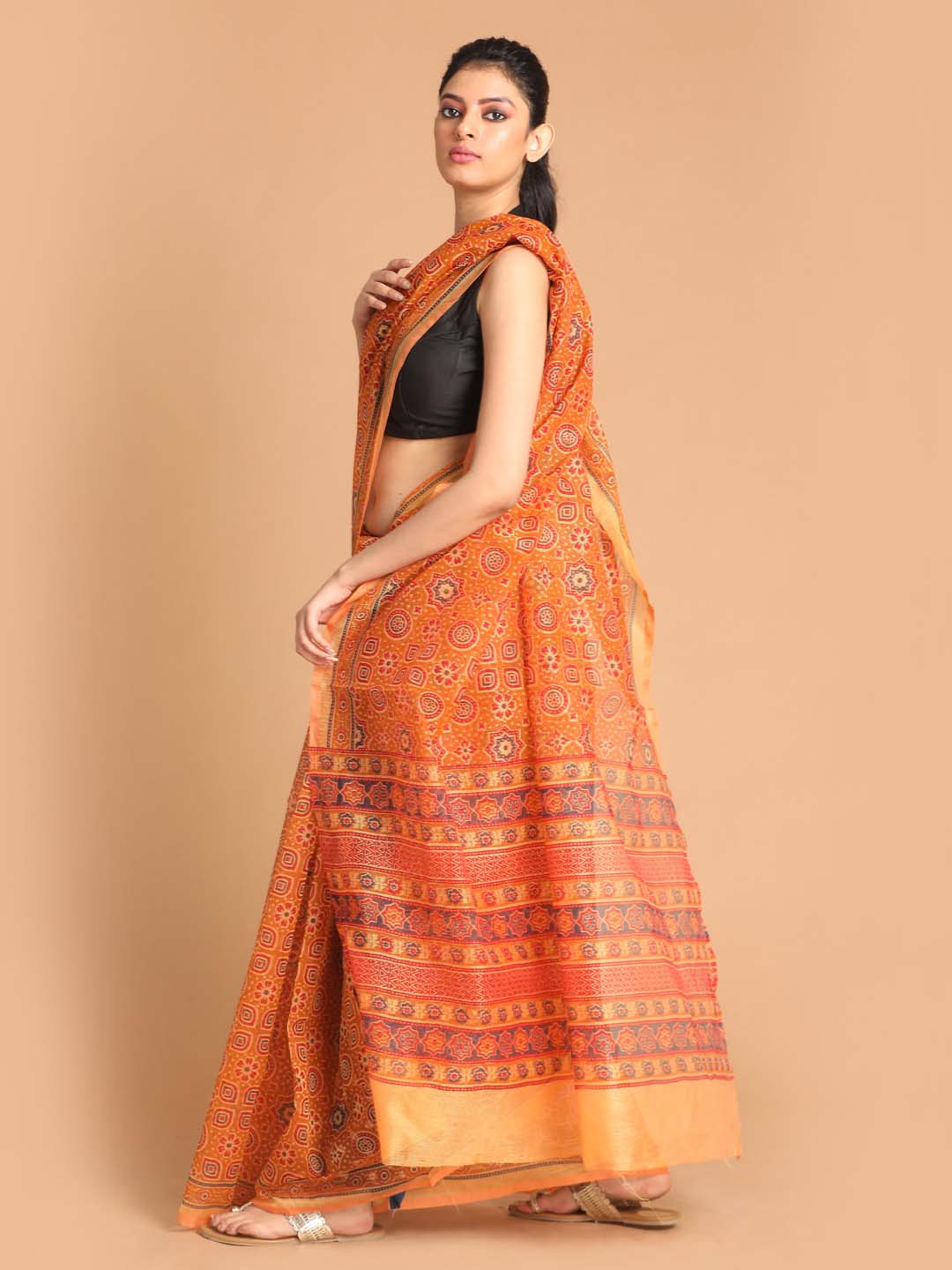 Indethnic Printed Super Net Saree in Coral - View 2