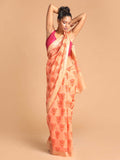 Indethnic Printed Cotton Blend Saree in Coral - View 1