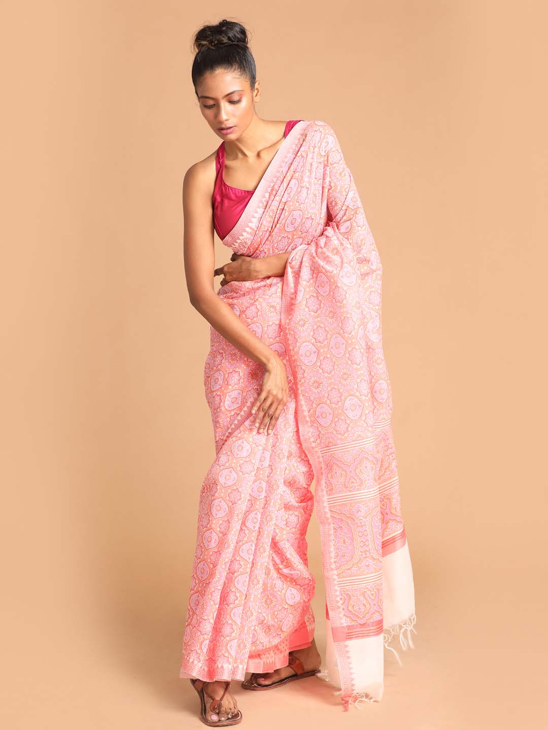 Indethnic Printed Cotton Blend Saree in Coral - View 1