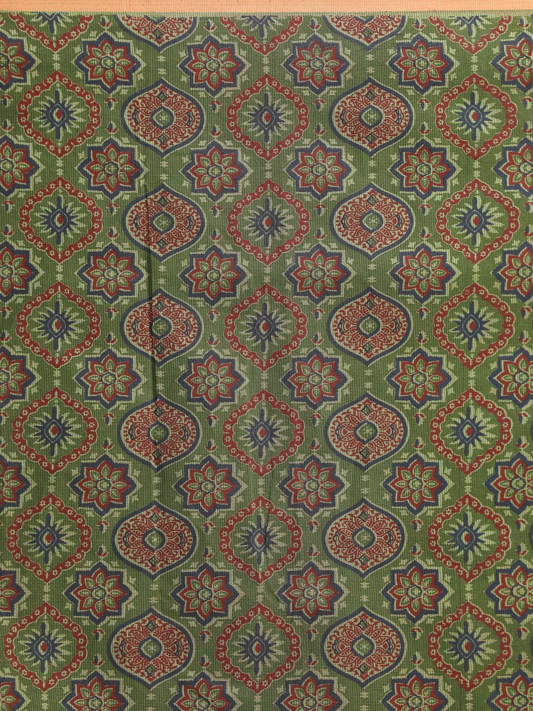 Indethnic Printed Cotton Blend Saree in Green - Saree Detail View