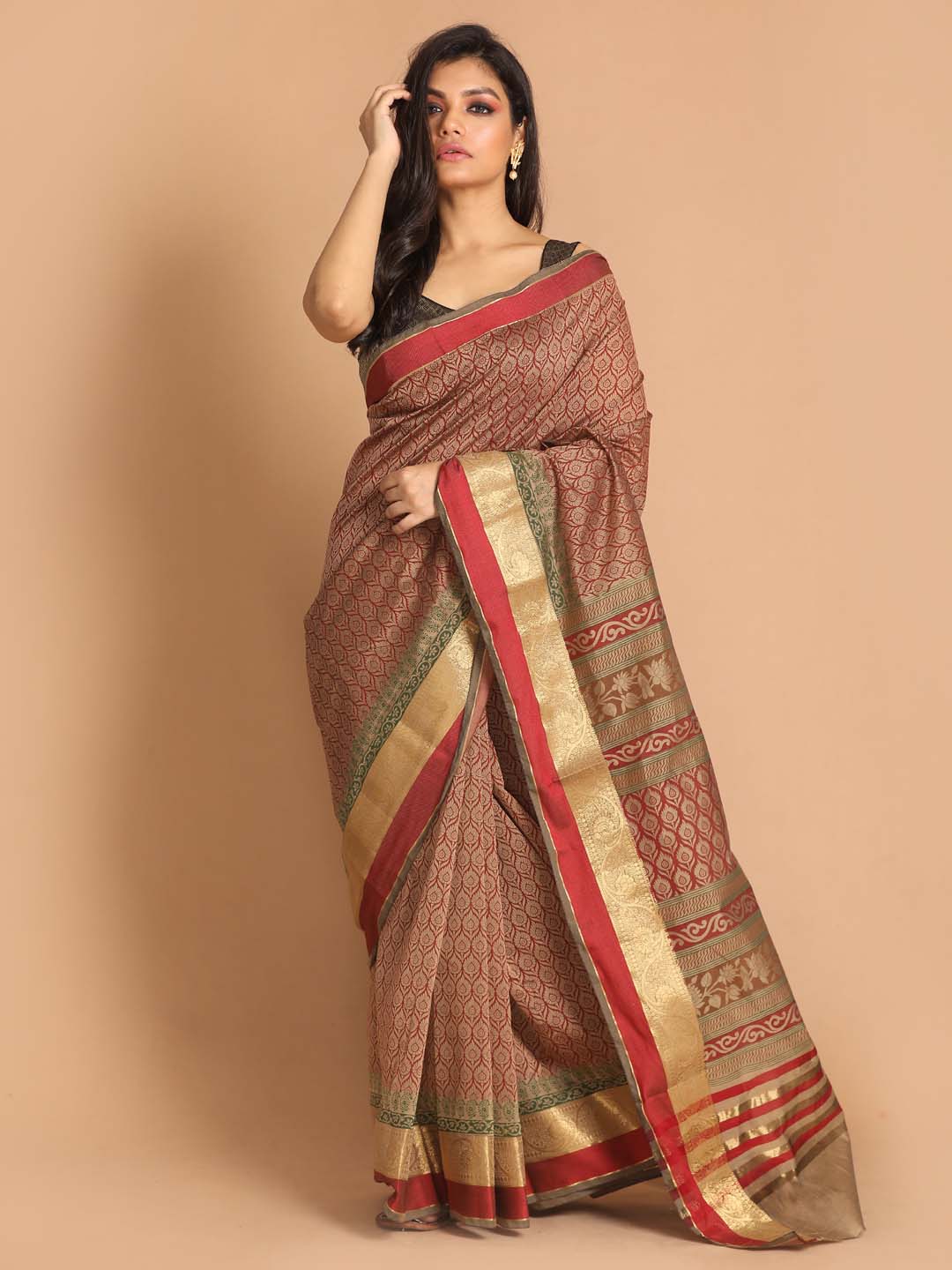 Indethnic Printed Cotton Blend Saree in Maroon - View 1