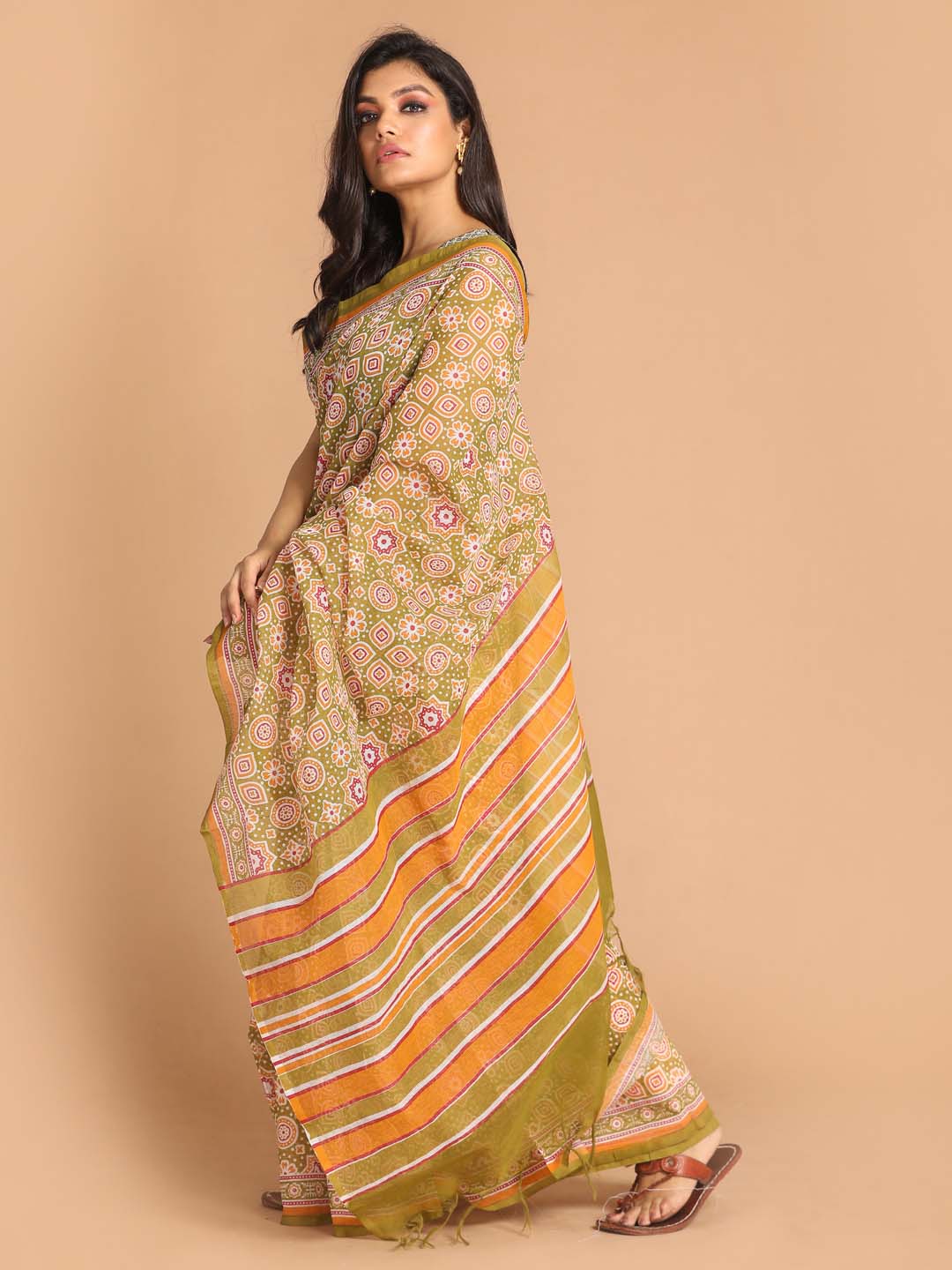 Indethnic Printed Super Net Saree in Olive - View 2