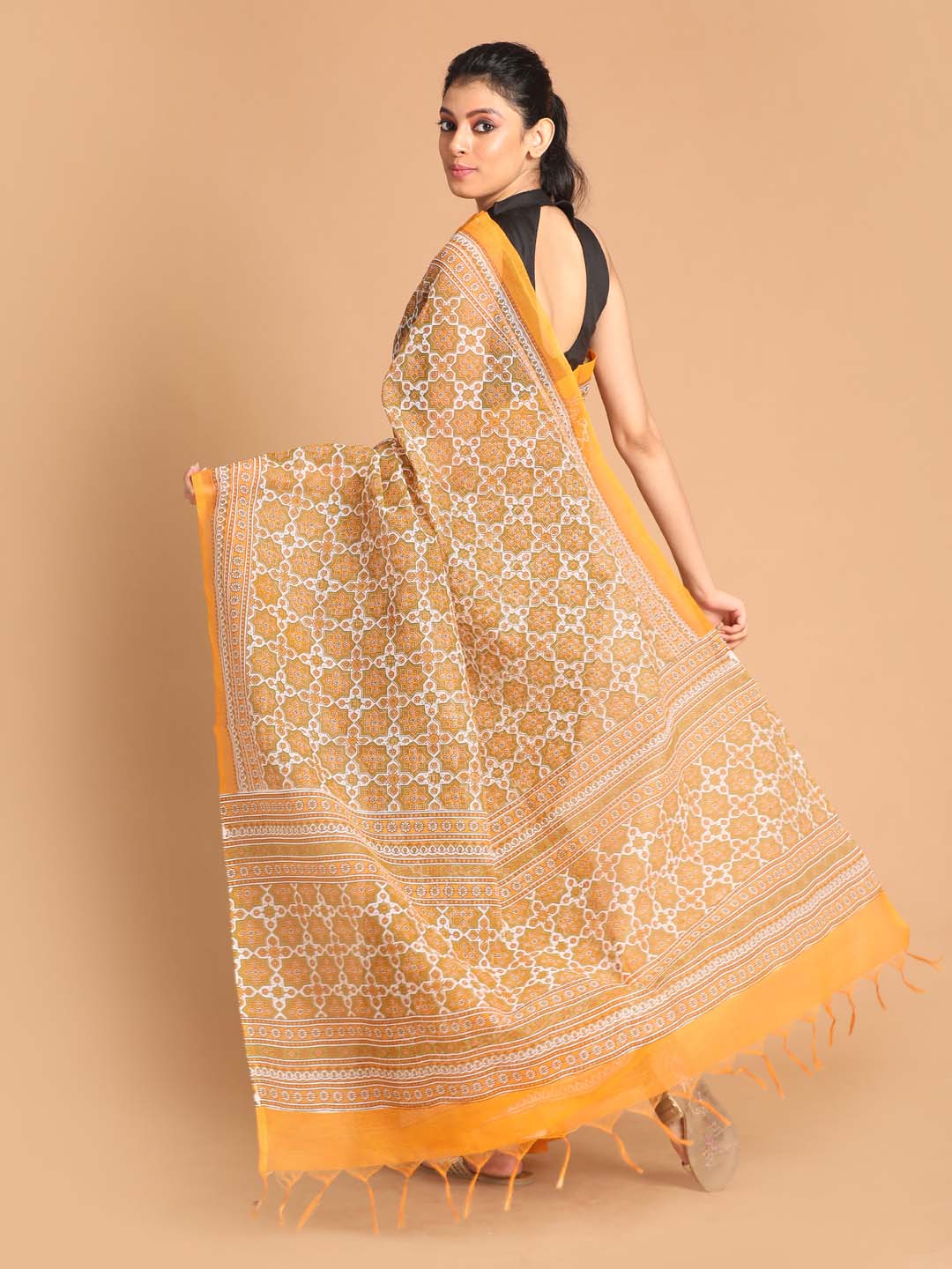 Indethnic Printed Super Net Saree in Yellow - View 3
