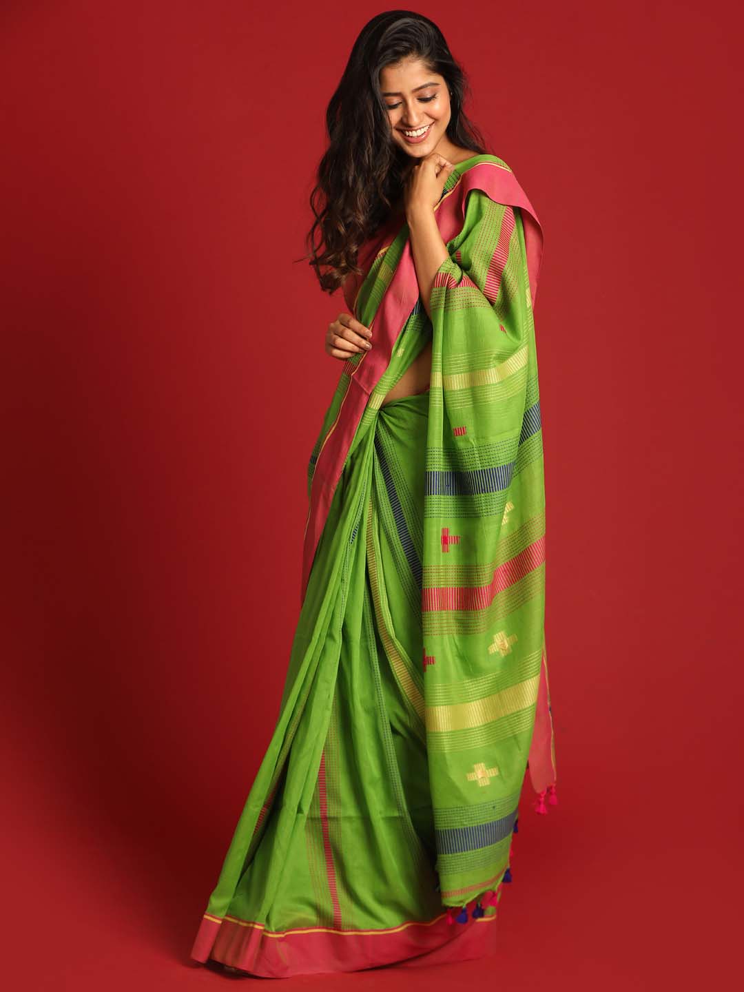 Indethnic Green Pure Cotton Ethnic Motifs Design Jamdani - View 2