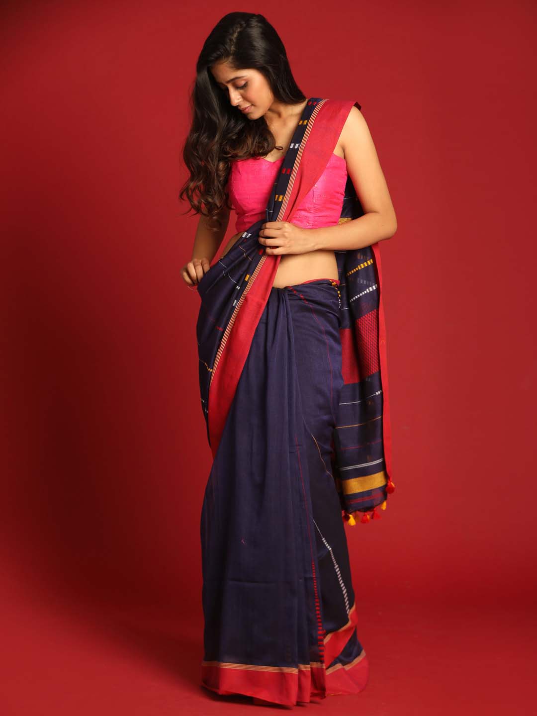 Indethnic Navy Blue Pure Cotton Abstract Design Jamdani - View 1