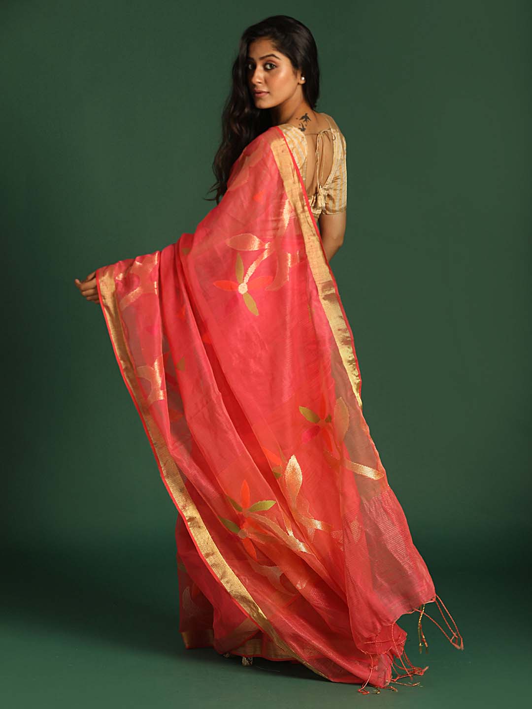 Indethnic Coral Cotton Blend Ethnic Motifs Design Jamdani - View 3