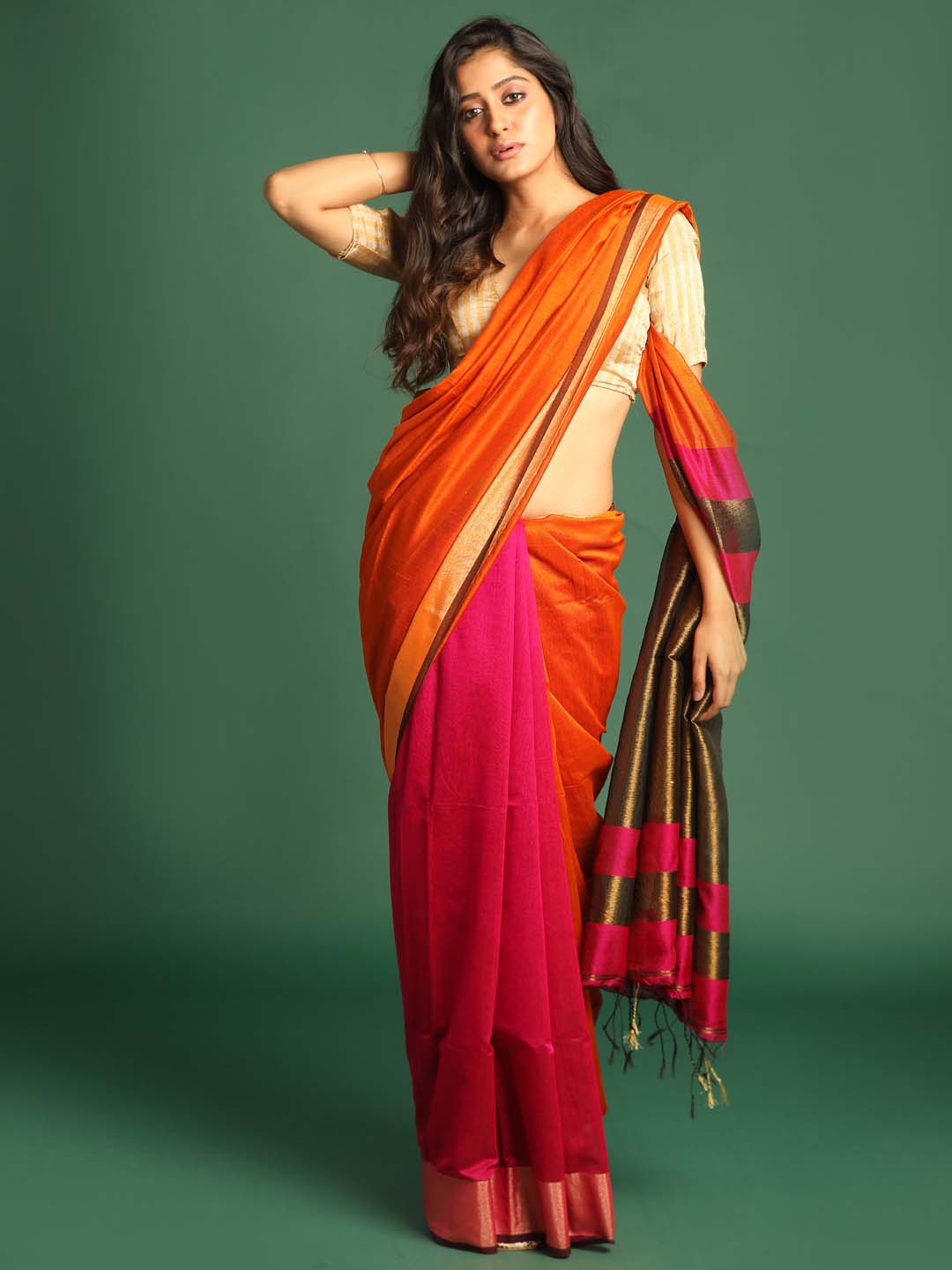 Indethnic Orange Cotton Blend Colour Blocked Design Jamdani - View 1