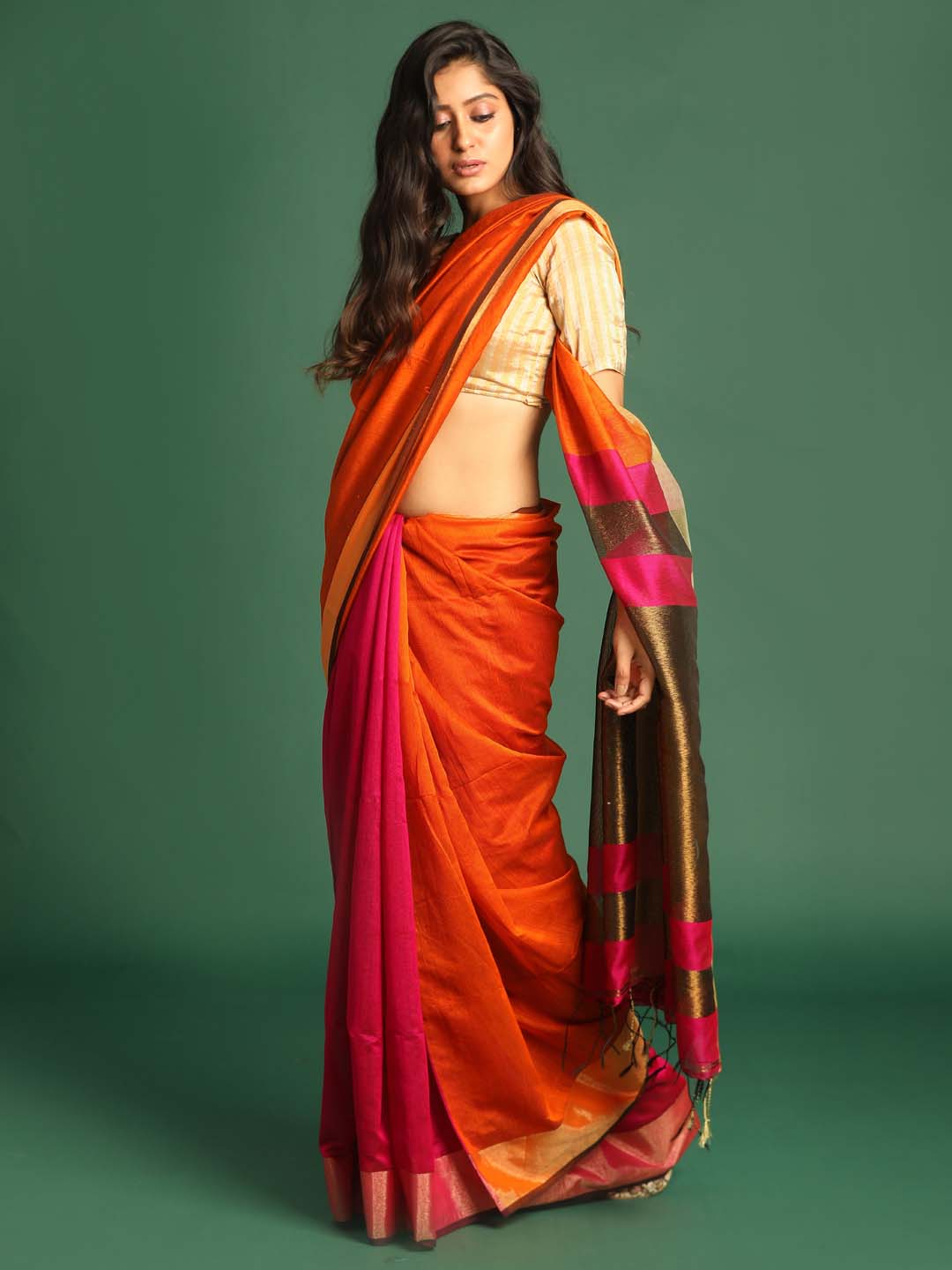 Indethnic Orange Cotton Blend Colour Blocked Design Jamdani - View 2