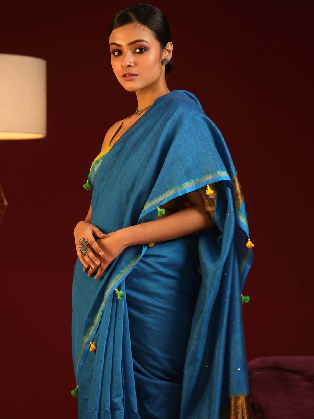 Indethnic Green and Rani Solid Colour Blocked Saree with Tassles - View 2