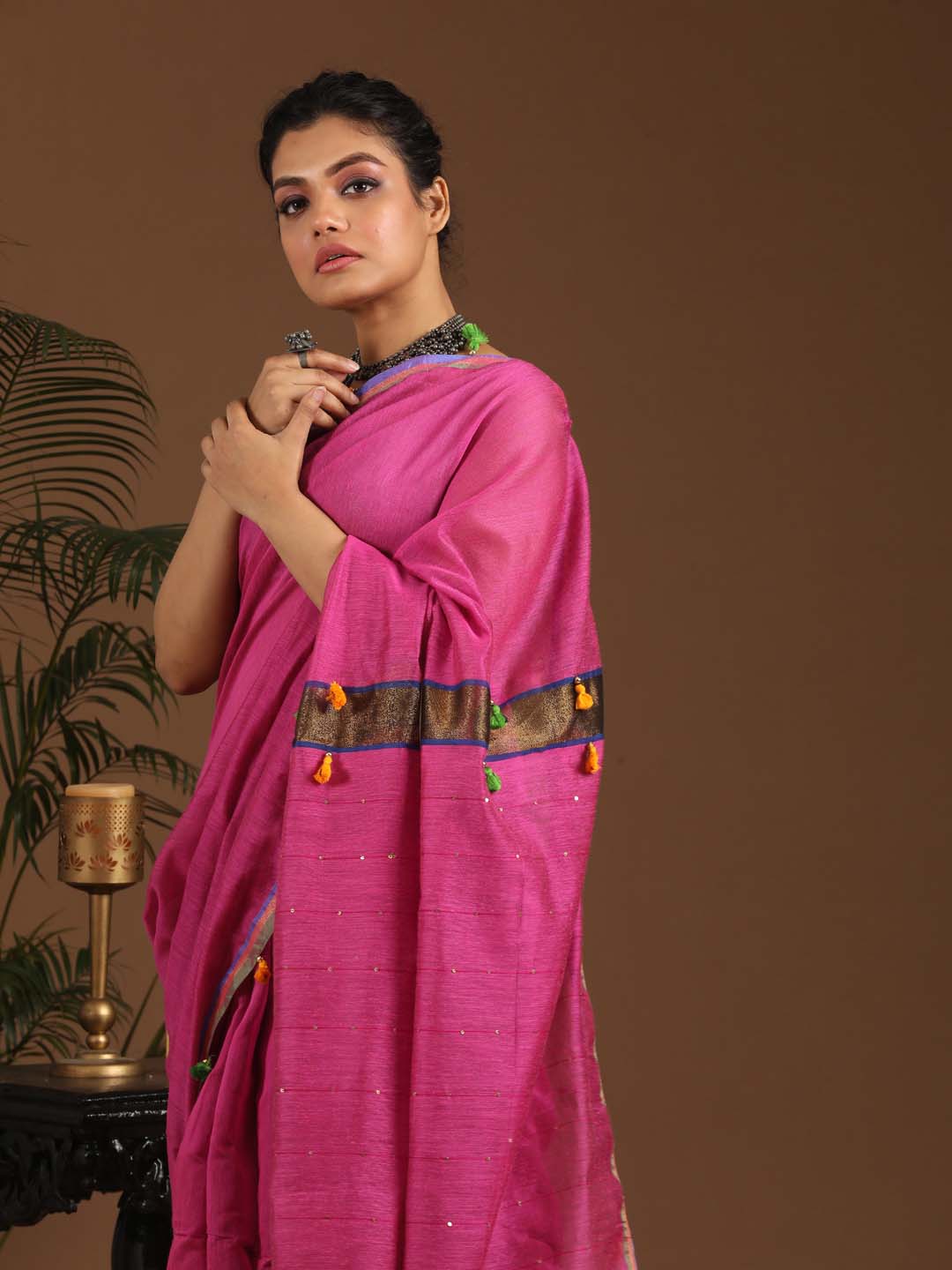 Indethnic Red and Black Solid Colour Blocked Saree with Tassles - View 2