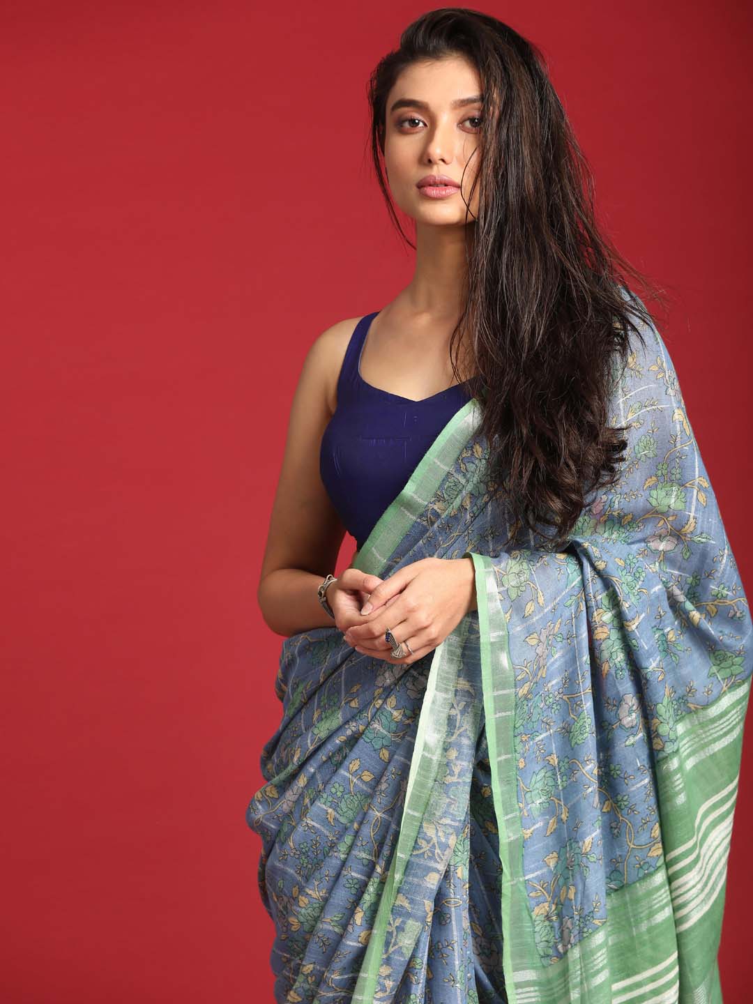 Indethnic Blue Liva Printed Saree - View 1