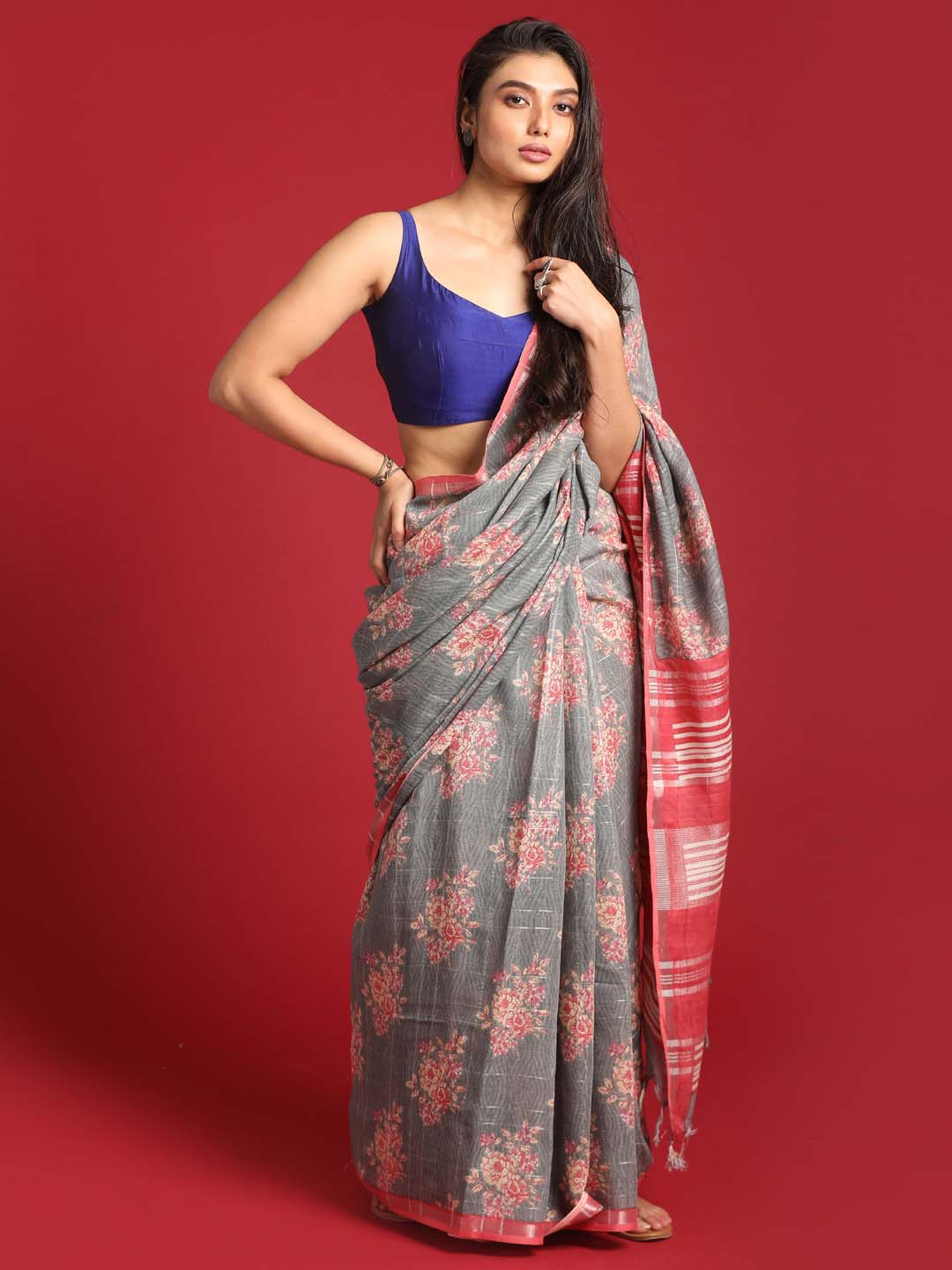 Indethnic Grey Liva Printed Saree - View 2