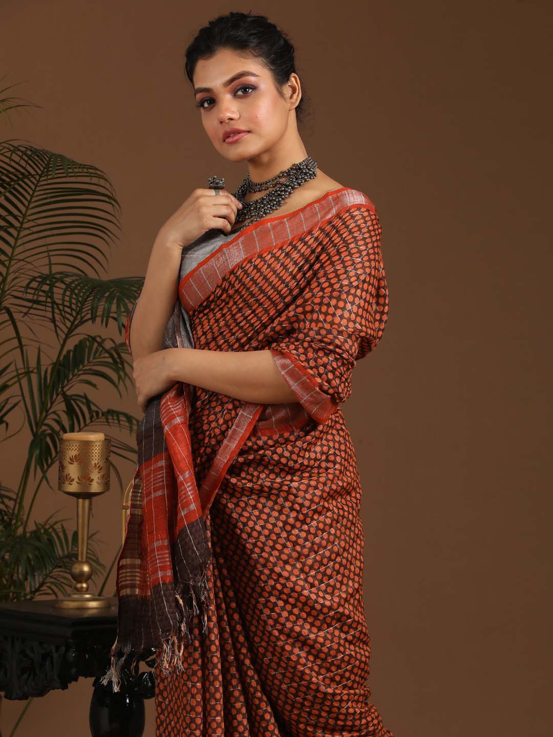 Indethnic Rust Liva Printed Saree - View 1